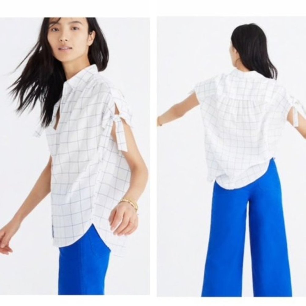 Madewell Central Tie Sleeve Windowpane Tunic Collared Summer Blouse Size XXS